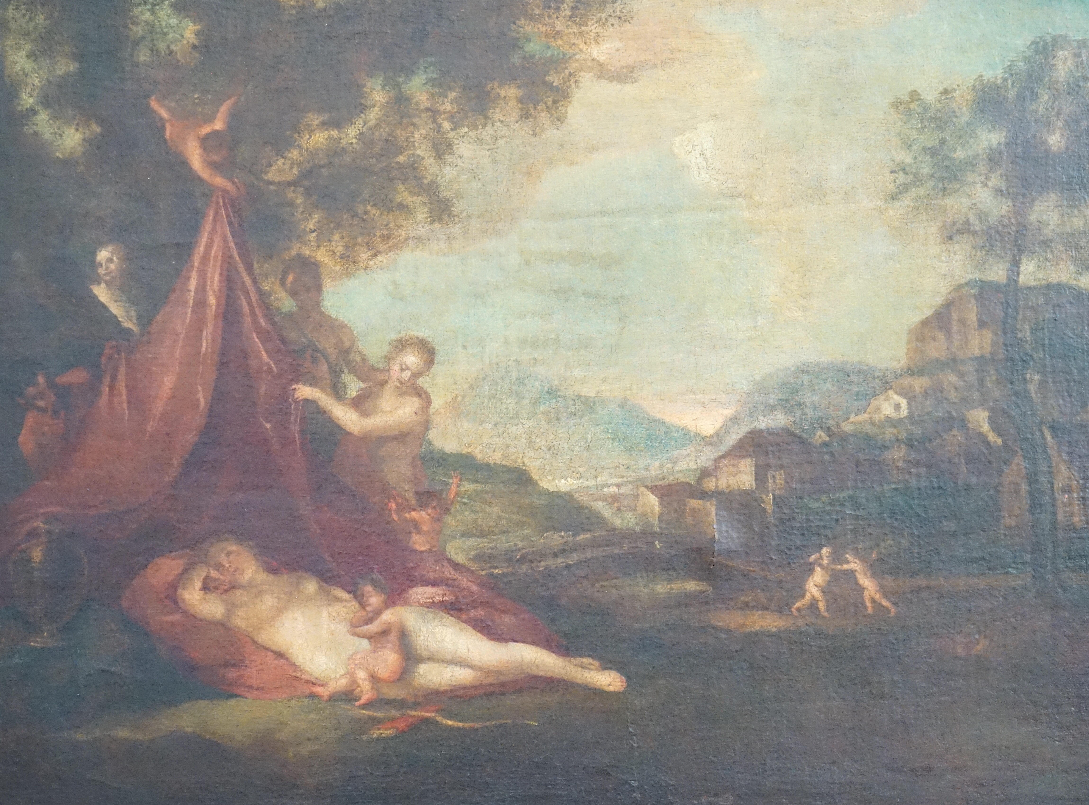 18th century French School, Venus sleeping in a landscape with attendants, oil on canvas, 54 x 71cm